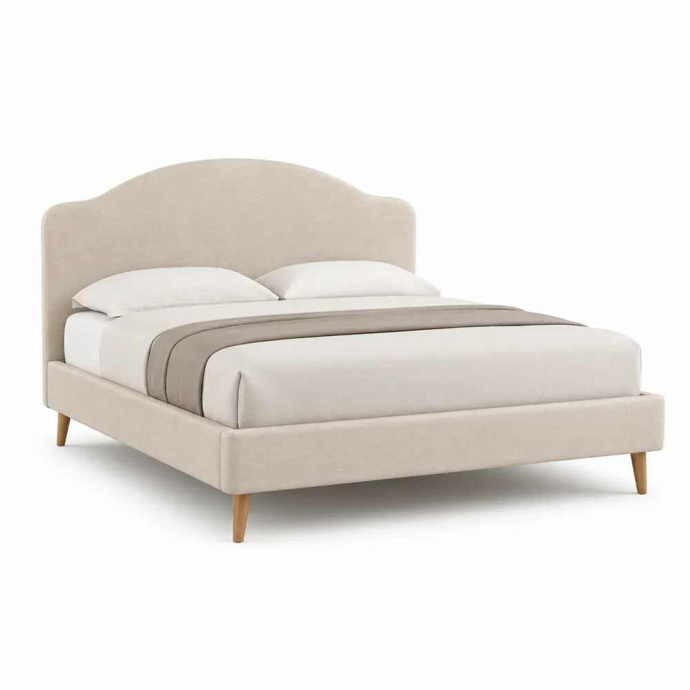 Lit double 160 cm 200 cm cadre rembourré tissu polyester beige tête de lit arrondie pieds bois massif