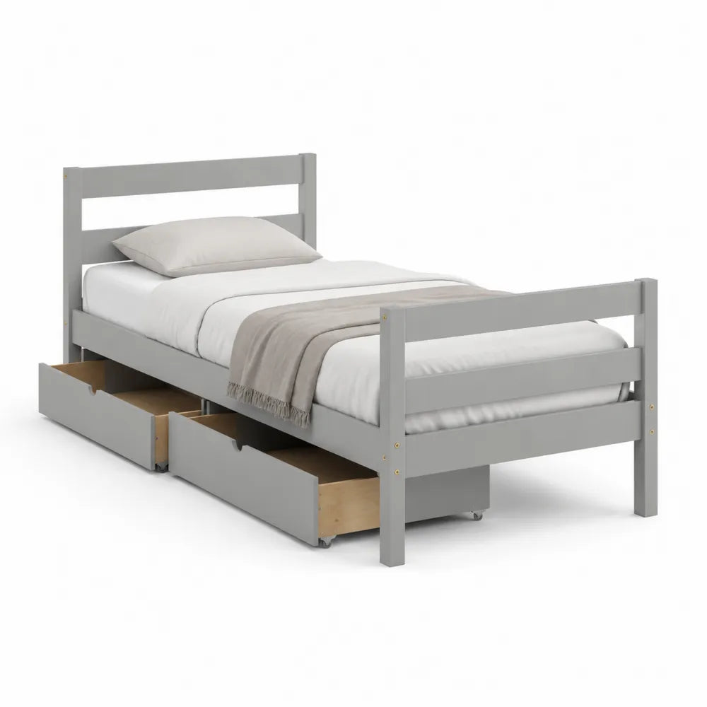 Lit simple 90 x 190 cm cadre de lit avec tiroirs de rangement bois MDF finition gris sommier à lattes