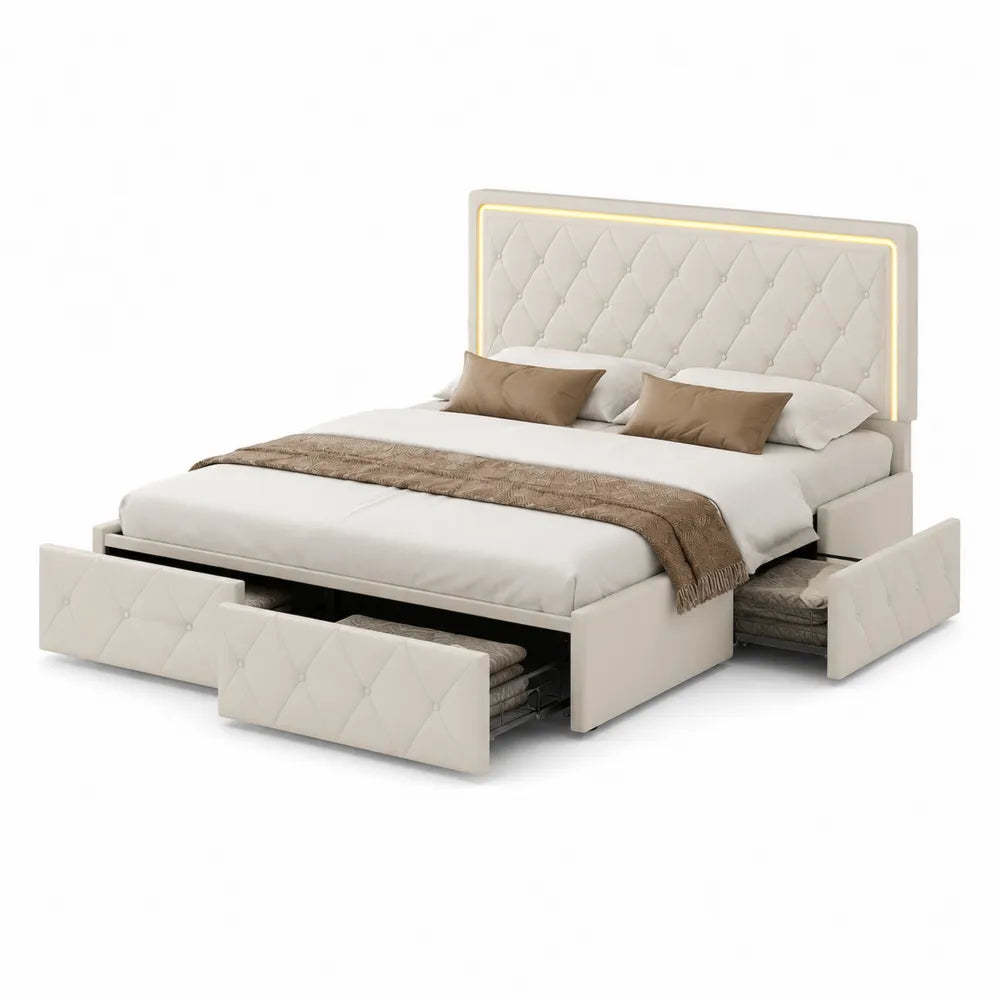 lit coffre 160 x 200 cm cadre rembourré MDF acier revêtement polyester beige éclairage LED tête de lit capitonnée tiroirs latéraux intégrés