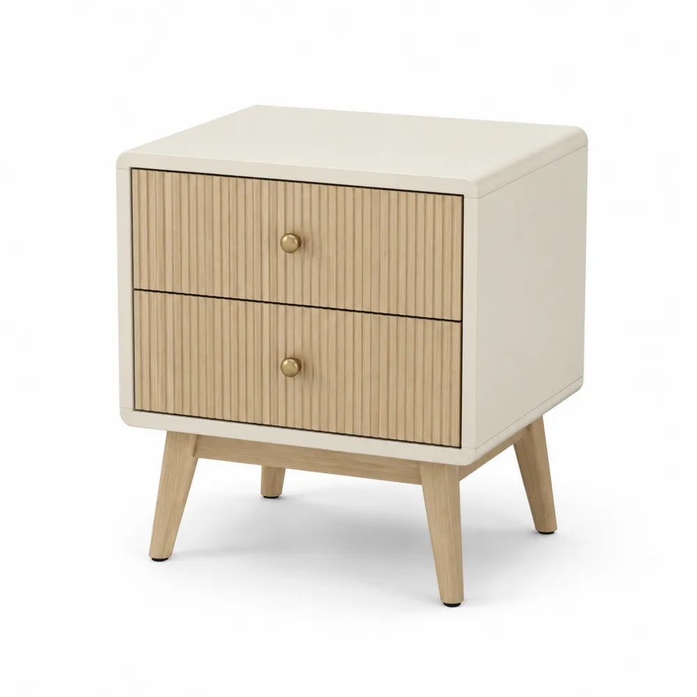 Table de chevet 45 x 40 x 55 cm 2 tiroirs façade cannelée bois naturel MDF pieds bois massif