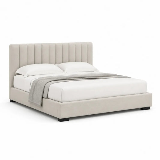 lit double 160 x 200 cm cadre de lit rectangulaire MDF acier revêtement polyester tête de lit rembourrée verticale beige clair forme rectangulaire