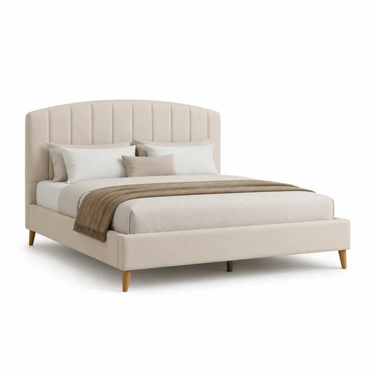 Lit double 160 cm 200 cm cadre de lit rembourré tissu polyester microfibre beige tête de lit capitonnée structure bois MDF sommier à lattes