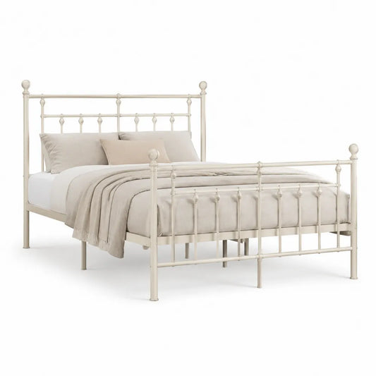 Lit double 160 cm 200 cm cadre en acier peint ivoire tête et pied à barreaux structure métal sommier à lattes