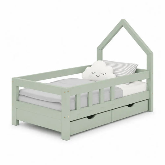 lit cabane enfant 90 x 200 cm bois pin massif forme maison avec barrières 2 tiroirs rangement intégré vert sauge clair structure lit 206 x 98 x 150 cm