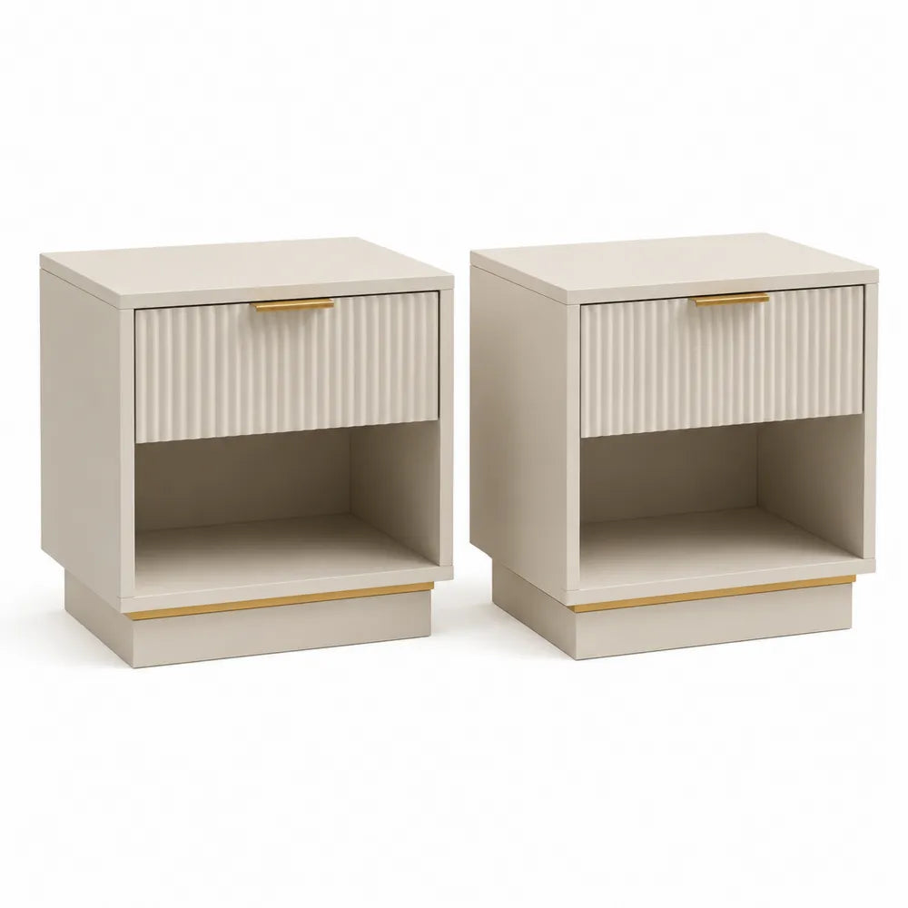 Tables de chevet 45 x 40 x 50 cm lot de 2 avec tiroir façade striée niche ouverte structure panneaux MDF finition beige poignée dorée