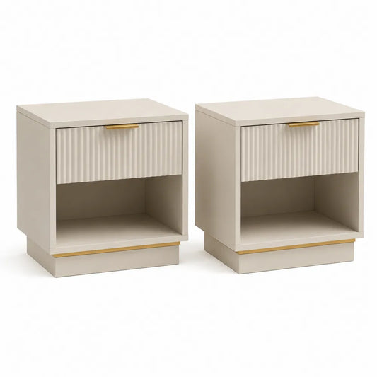 Tables de chevet 45 x 40 x 50 cm lot de 2 avec tiroir façade striée niche ouverte structure panneaux MDF finition beige poignée dorée