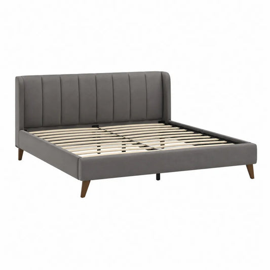 lit double 160 x 200 cm cadre de lit rembourré MDF bois et métal revêtement polyester gris tête de lit à panneaux verticaux pieds bois inclinés