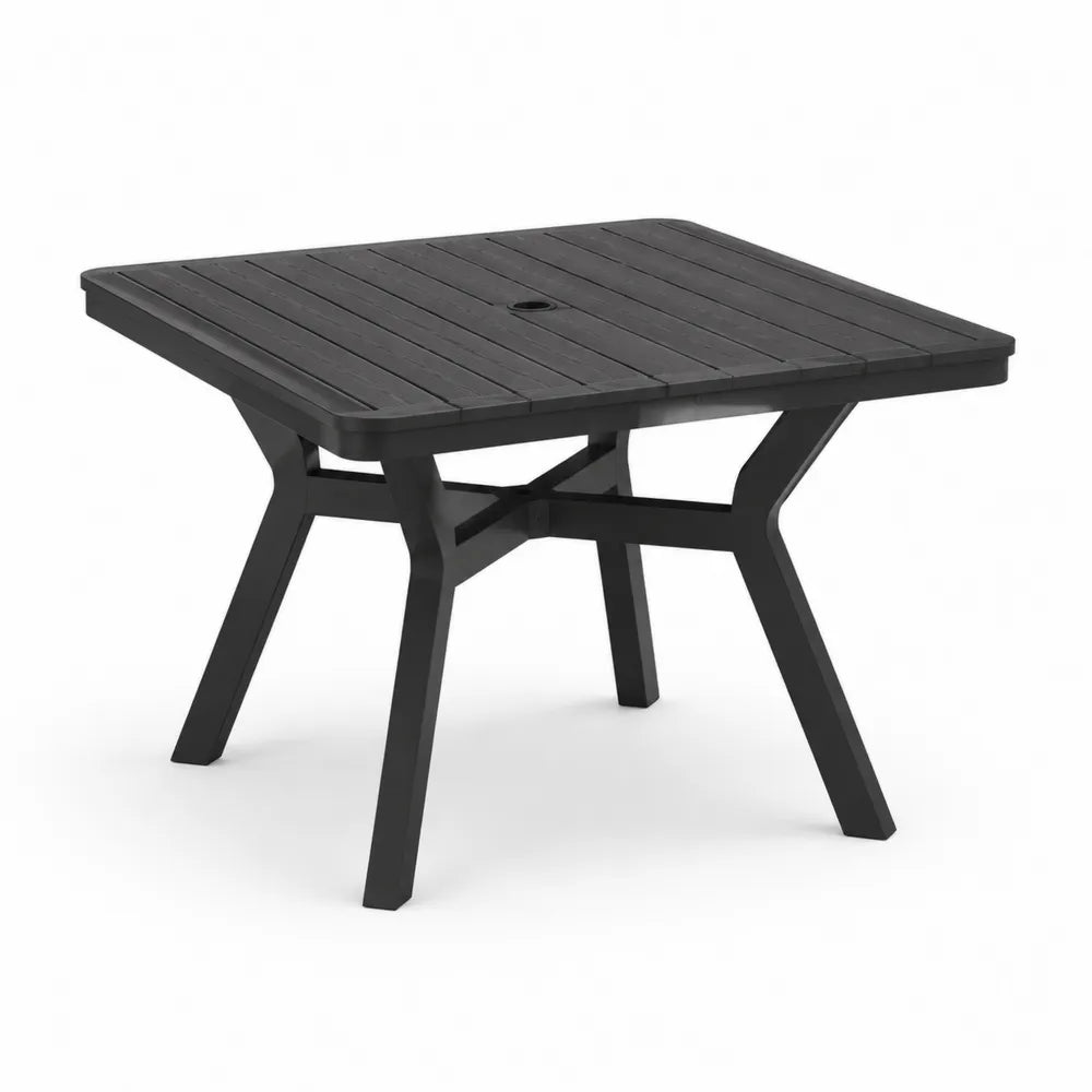 Table de jardin carrée 90 cm 90 cm 75 cm plateau à lattes noir structure aluminium avec trou parasol