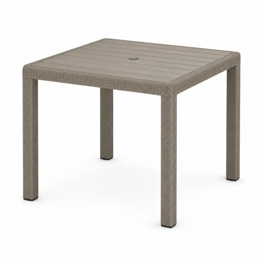 Table de jardin carrée résine tressée taupe 80 cm x 80 cm x 75 cm plateau à lattes avec trou parasol structure aluminium