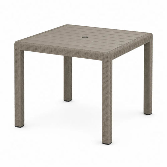 Table de jardin carrée résine tressée taupe 80 cm x 80 cm x 75 cm plateau à lattes avec trou parasol structure aluminium