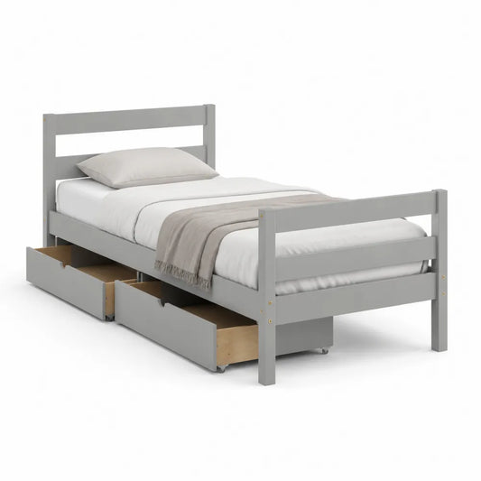 Lit simple 90 x 190 cm cadre de lit avec tiroirs de rangement bois MDF finition gris sommier à lattes