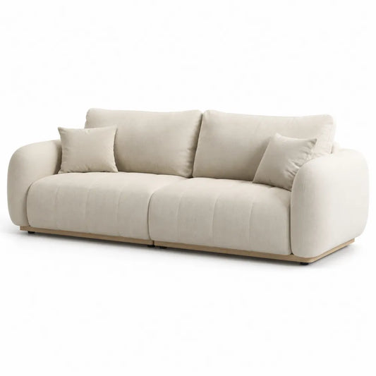 Canapé droit 3 places 220 x 95 x 85 cm tissu polyester beige accoudoirs arrondis pieds bois massif