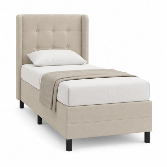 Lit simple 90 x 200 cm cadre de lit rembourré tête de lit capitonnée structure MDF revêtement polyester beige pieds noirs