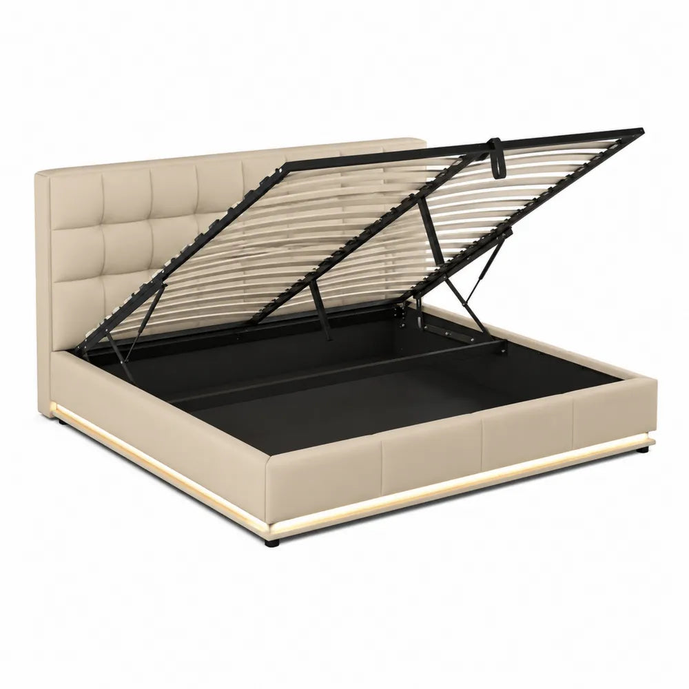 Lit coffre relevable 160 cm 200 cm cadre rembourré tissu polyester beige structure acier noir sommier à lattes