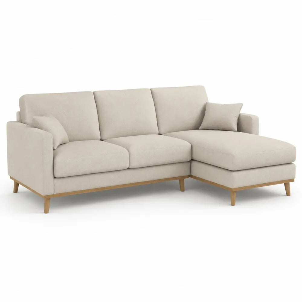 Canapé d'angle 3 places avec méridienne droite tissu polyester beige 240 x 160 x 85 cm structure bois massif pin pieds bois naturel