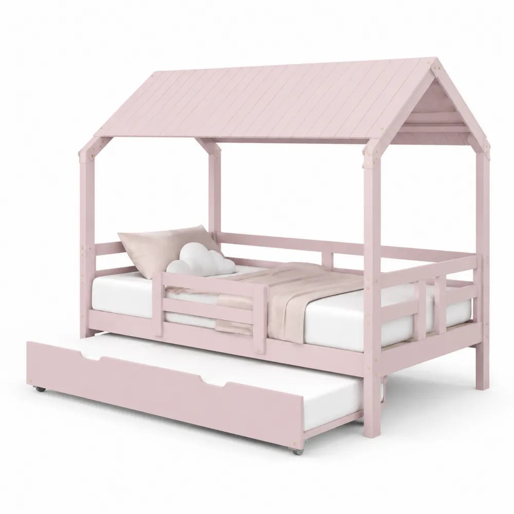 Lit cabane enfant avec lit gigogne 90 cm 200 cm structure MDF bois pin avec toit et tiroir de rangement rose