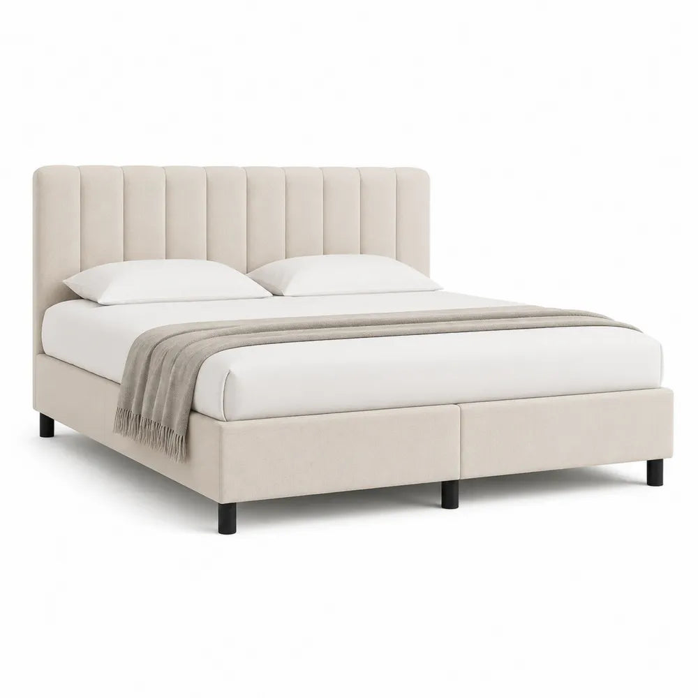 Lit 160 x 200 cm cadre de lit rembourré tête de lit capitonnée verticale structure bois MDF revêtement polyester beige pieds cylindriques noirs