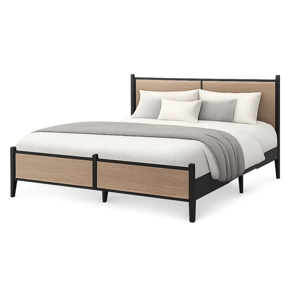 lit cadre de lit 160 cm x 200 cm structure acier noir panneaux bois chêne clair tête de lit tissu polyester beige