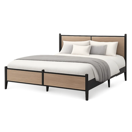 lit cadre de lit 160 cm x 200 cm structure acier noir panneaux bois chêne clair tête de lit tissu polyester beige