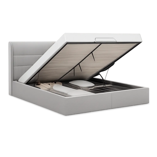 Lit coffre 160 x 200 cm cadre de lit relevable en simili cuir PU blanc structure MDF et bois avec sommier à lattes et rangement intégré