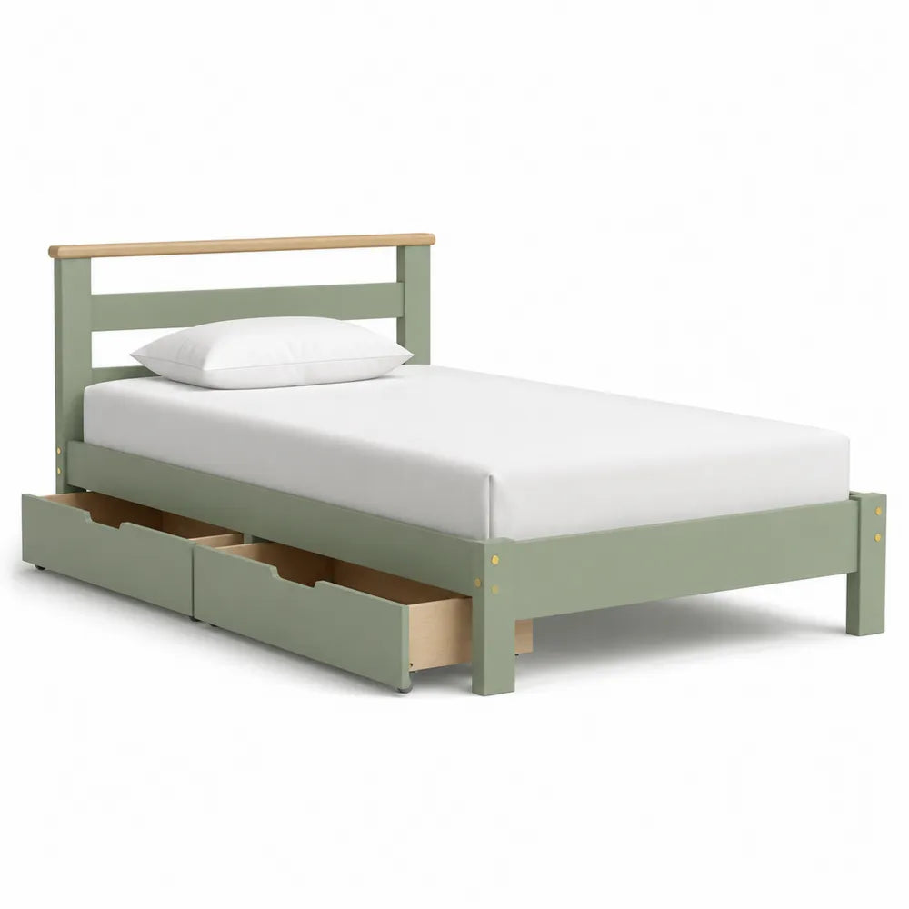 lit plateforme 90 x 200 cm avec tiroirs de rangement bois massif et MDF finition vert sauge tête de lit avec barre en bois naturel