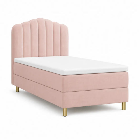 Lit une place 90 x 200 cm cadre de lit rembourré velours polyester rose poudré structure MDF et métal tête de lit capitonnée ondulée pieds en métal doré