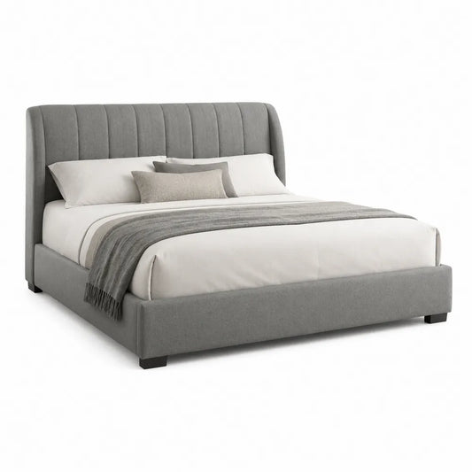 lit 160 x 200 cm cadre de lit rembourré tissu polyester gris tête de lit à panneaux verticaux pieds noirs