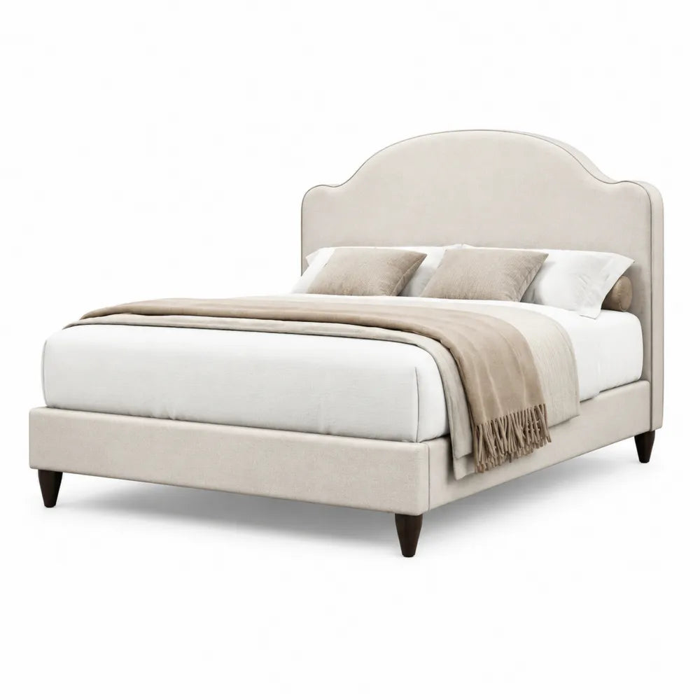 Lit plateforme 160 x 200 cm tête de lit arrondie capitonnée tissu polyester beige structure MDF bois pieds bois foncé
