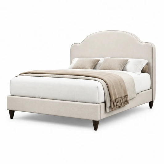 Lit plateforme 160 x 200 cm tête de lit arrondie capitonnée tissu polyester beige structure MDF bois pieds bois foncé