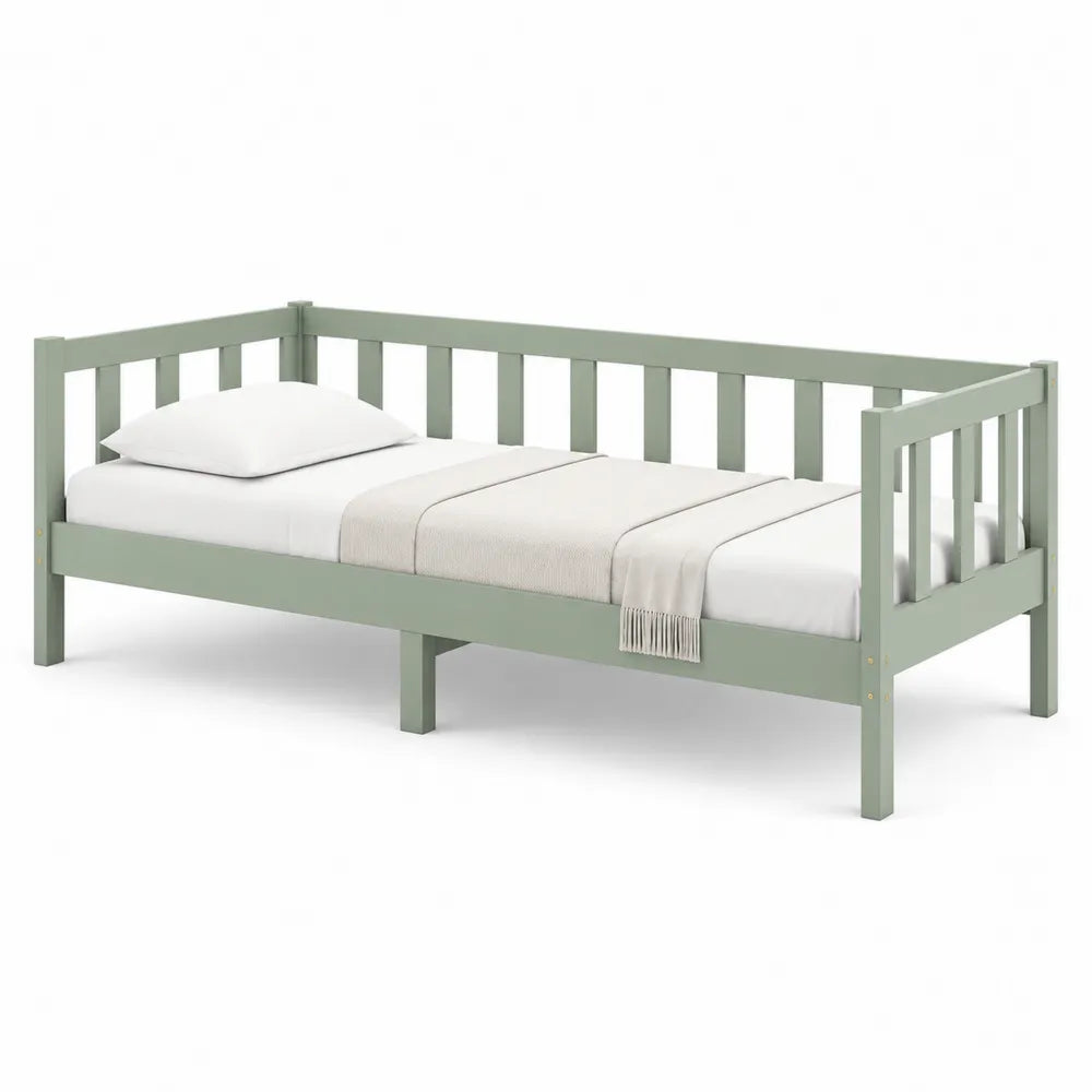 lit banquette 90 x 200 cm cadre de lit bois massif pin MDF avec barrières latérales finition vert sauge sans rangement