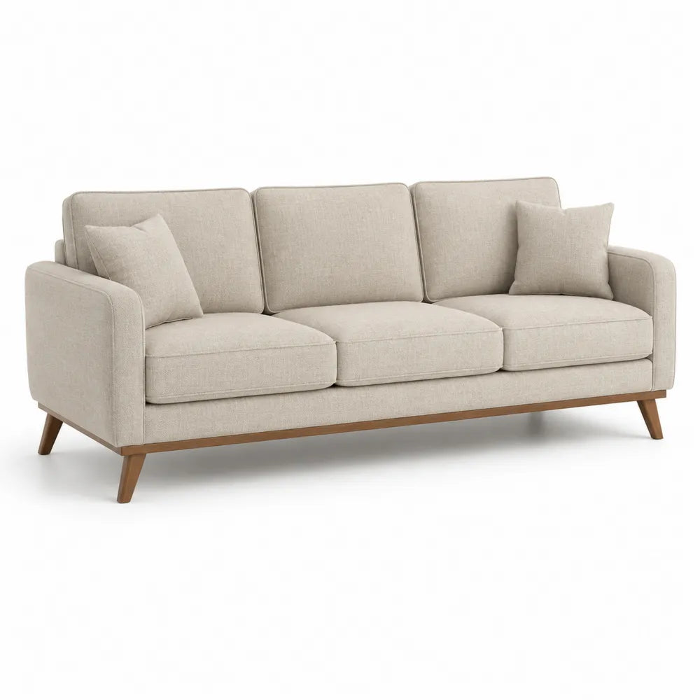Canapé droit 210 cm x 82 cm x 82 cm 3 places tissu polyester beige structure bois massif naturel pieds inclinés