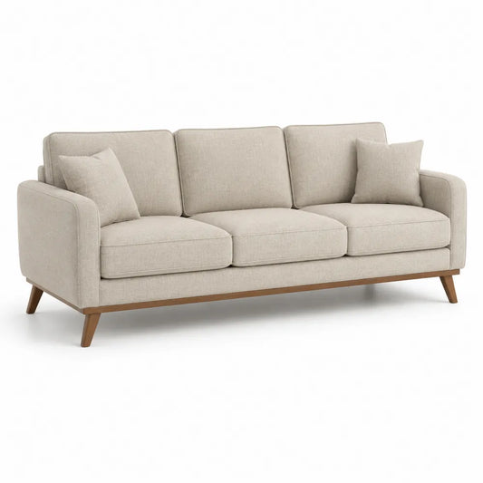 Canapé droit 210 cm x 82 cm x 82 cm 3 places tissu polyester beige structure bois massif naturel pieds inclinés