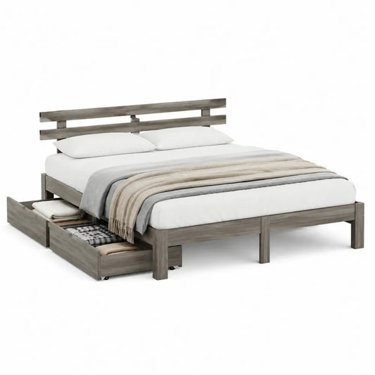 Lit double 140 x 190 cm cadre de lit avec tiroirs pin massif teinté gris cendré tête de lit étagère à barres horizontales