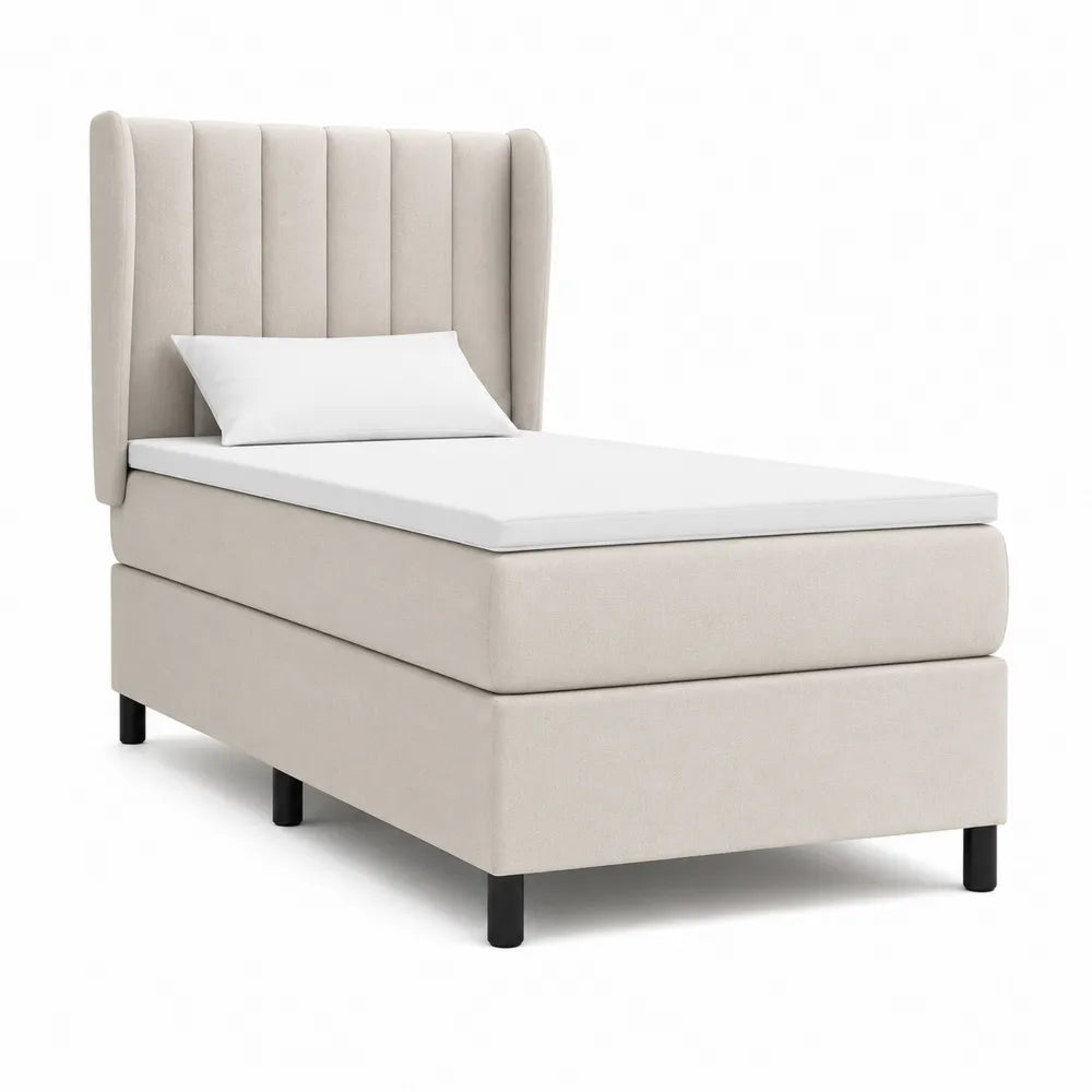 Lit simple 90 x 190 cm cadre de lit rembourré tissu polyester beige tête de lit à rainures verticales pieds en métal noir