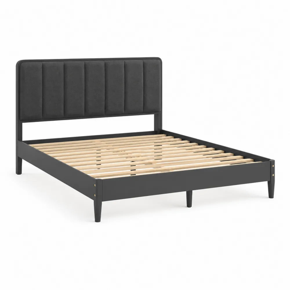 Lit plateforme 160 x 200 cm tête de lit capitonnée à rainures verticales tissu polyester gris foncé structure MDF bois pieds bois noir