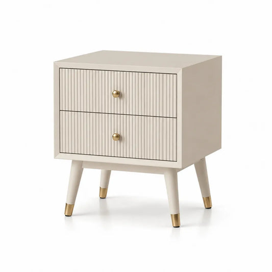 Table de chevet 50 x 40 x 55 cm à 2 tiroirs en MDF peint beige façades cannelées pieds en bois et métal finition dorée
